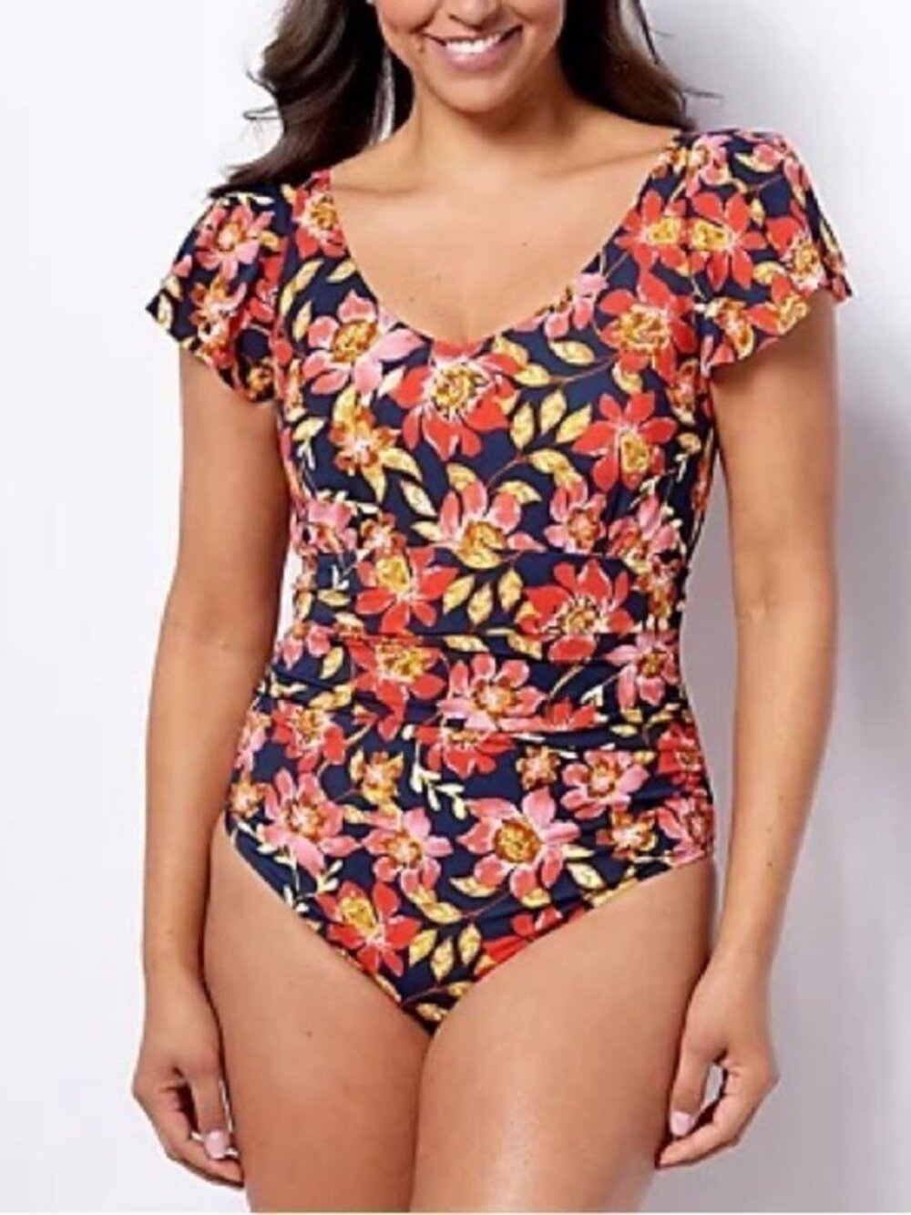 Denim & Co. Beach V-Neck Ruffle Sleeve One-Piece Swimsuit